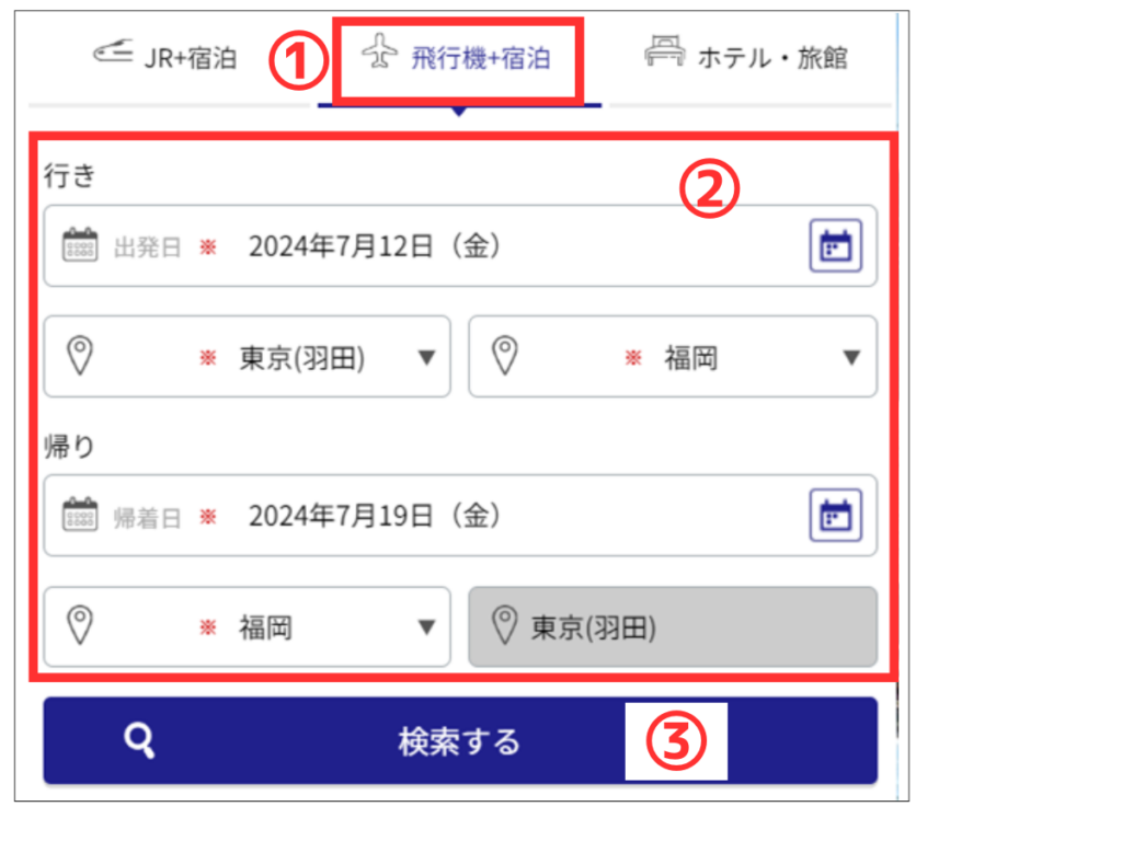 日本旅行 1泊のみ 1泊3日 飛行機パックツアー